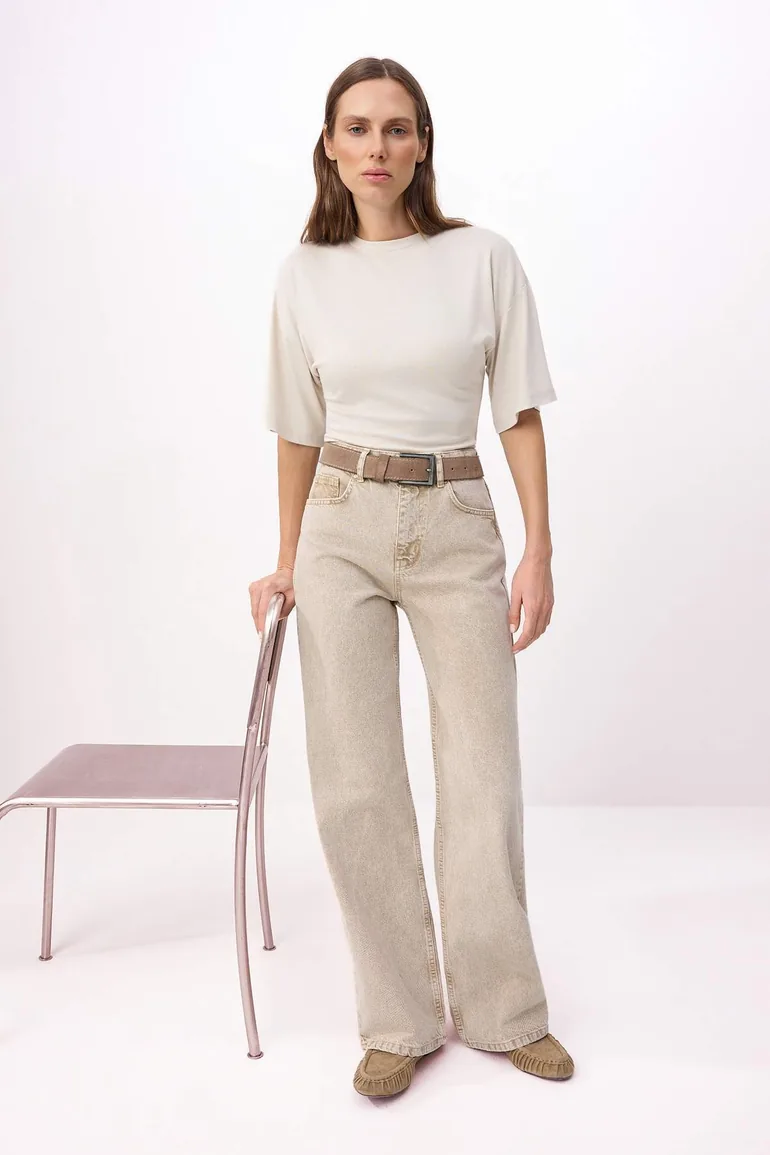 Beige High Waist 100% Cotton Wide Leg Wide Leg Jeans - 1