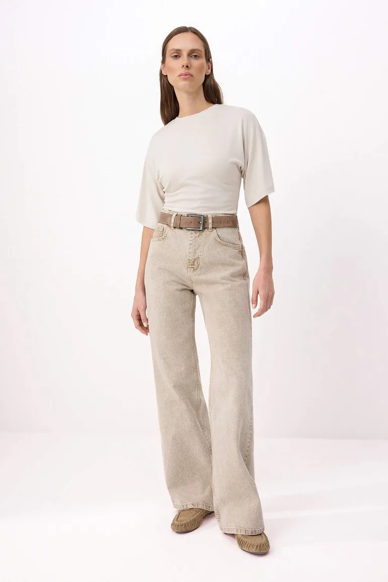 Beige High Waist 100% Cotton Wide Leg Wide Leg Jeans