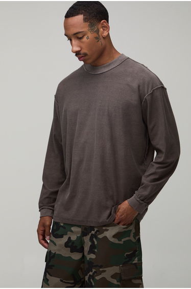 Oversized Washed Exposed Seams Long Sleeve T-Shirt - brown
