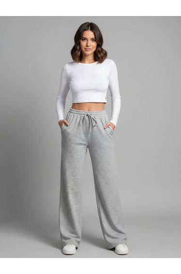 Grey Solid Relaxed Wide Leg Joggers