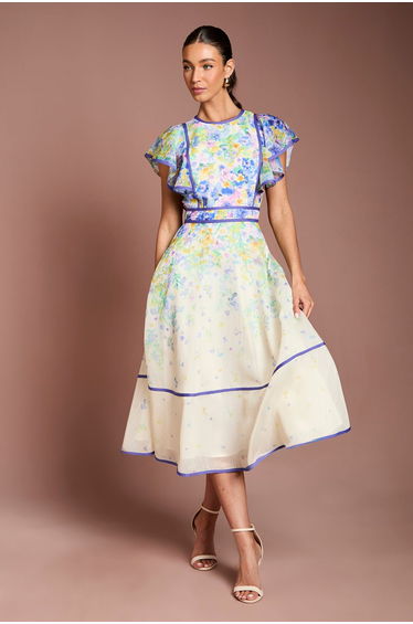 Placement Print Frill Sleeve Dress