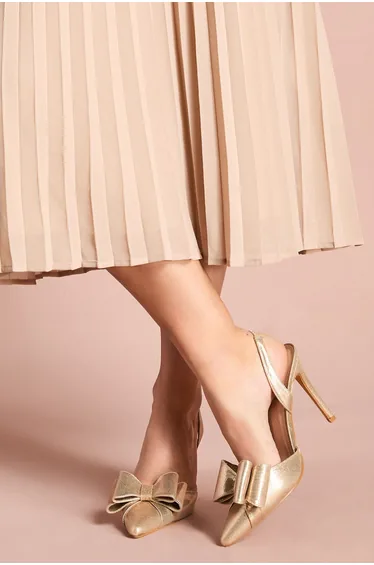 Wide Fit Tamara Metallic Textile Satin Bow Slingback High Stiletto Heel Court Shoes