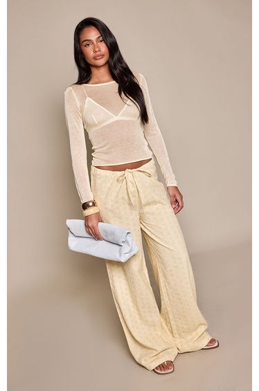 Lemon Broderie Drawstring Low Rise Wide Leg Trousers