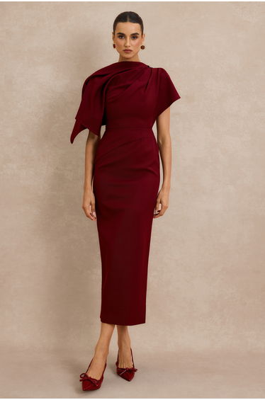 Metal Decorations Asymmetrical Sleeve Midi Dress