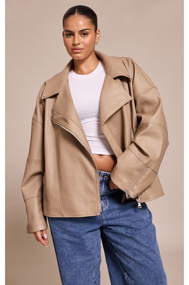 Plus Taupe Faux Leather Oversized Biker Jacket