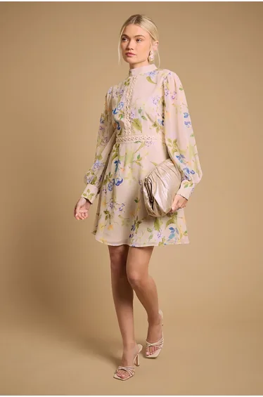 Print Collar Mini Fit and Flare Dress