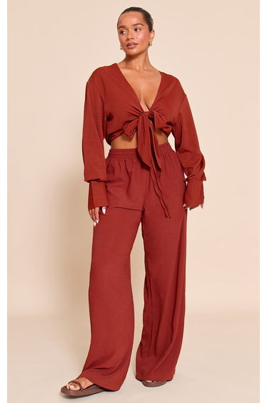 Shape Deep Red Hammered Satin Elasticated Waist Wide Leg Trousers