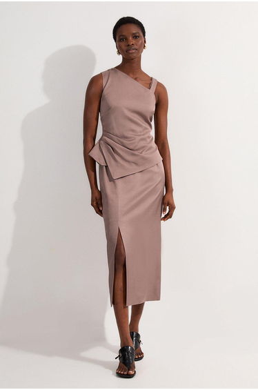 Premium Viscose Linen Asymmetric Neck Tailored Pencil Maxi Dress