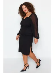 Black Plus Chiffon Bodycon Midi Dress with Long Sleeves - 2