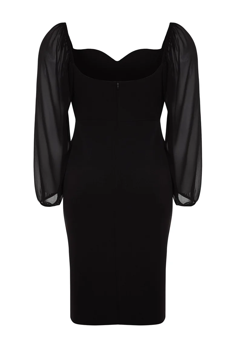 Black Plus Chiffon Bodycon Midi Dress with Long Sleeves - 4