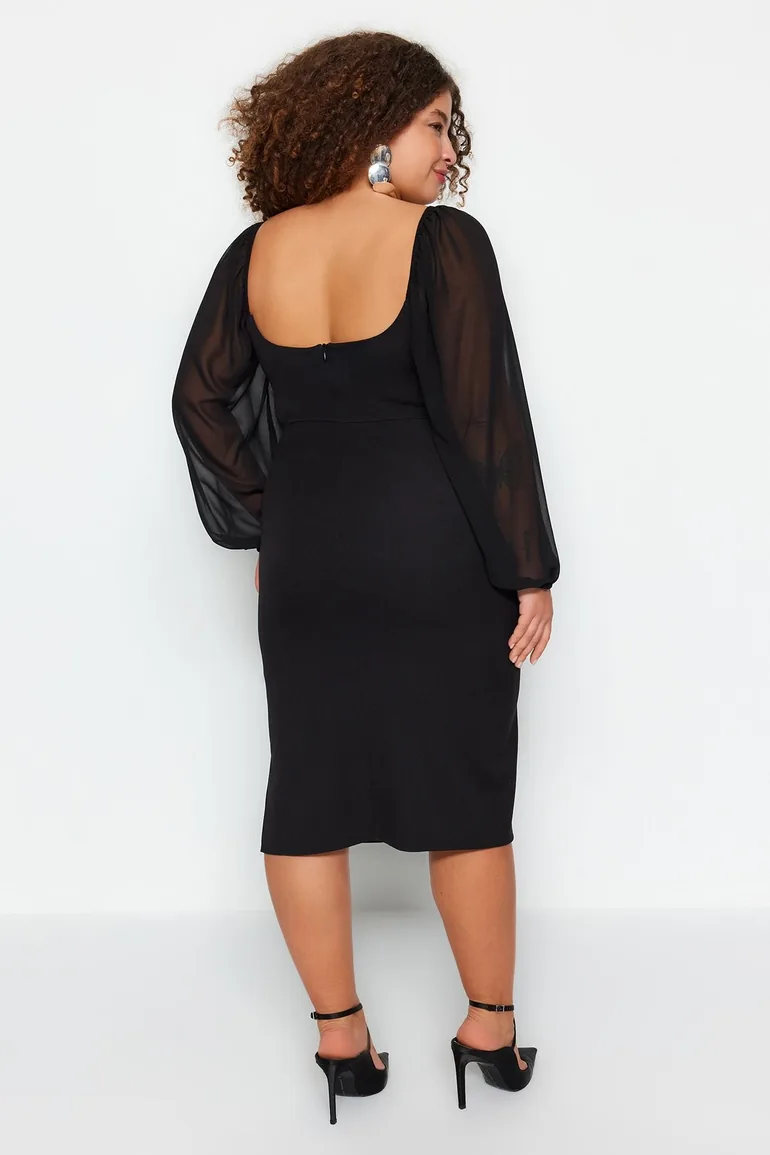 Black Plus Chiffon Bodycon Midi Dress with Long Sleeves - 3