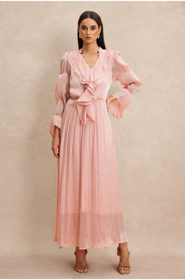 V Neck Ruffle Midi Dress