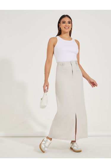 Solid Maxi Skirt with Front Slit and Pockets