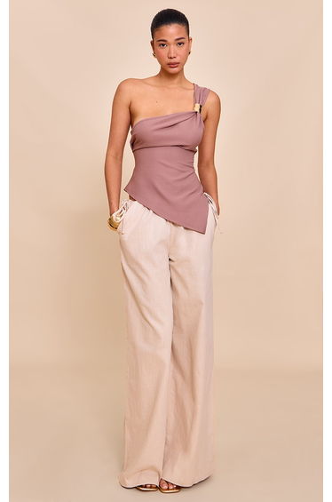 Mushroom Asymmetric One Shoulder Trim Detail Long Top