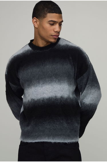 Relaxed Boxy Extended Neck Ombre Knitted Jumper - charcoal