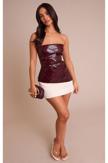 Petite Burgundy Croc Faux Leather Bandeau Top