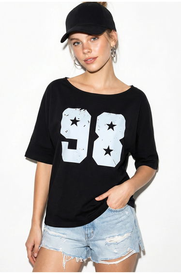 LUCCI Oversized Cotton Boat Neck Printed T-Shirt