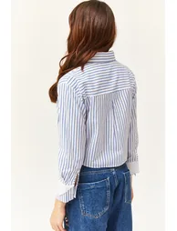 Women's White Saxe Blue Pocket and Cuff Detail Striped Crop Shirt - 3