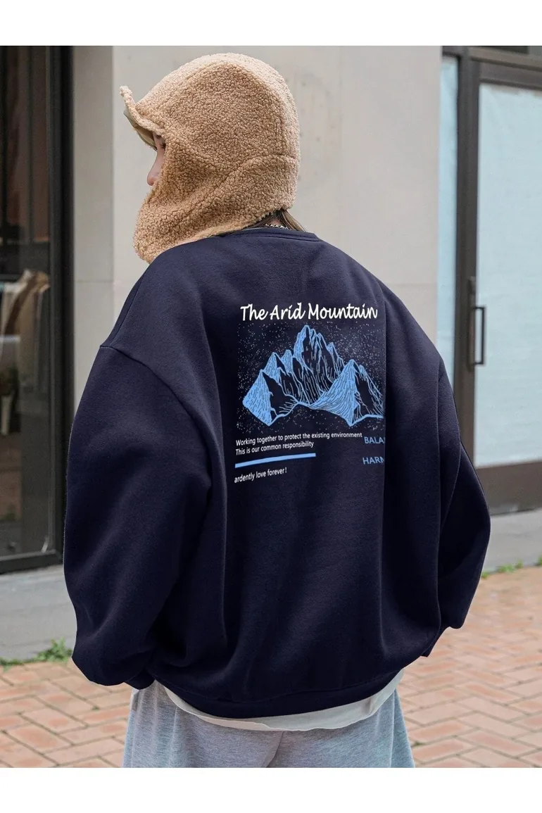 Women's Navy Blue Arid Mountain Printed Oversize Sweatshirt - 1