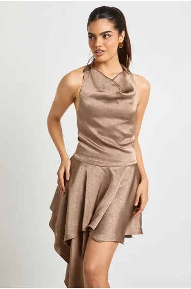 Textured Satin Cowl Neck Mini Dress - mocha