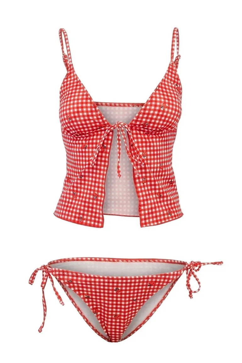 Floral Patterned Lacing Detailed Tankini Covered Regular Bikini Set - 1