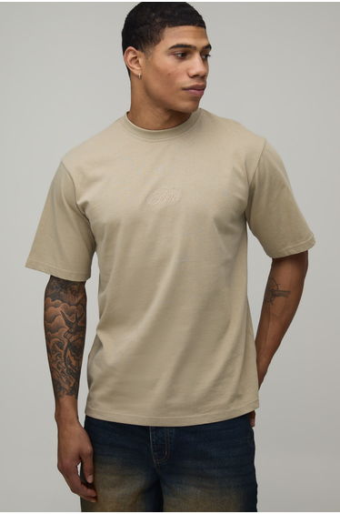 Regular Fit Man Script Embroidered T-Shirt - stone