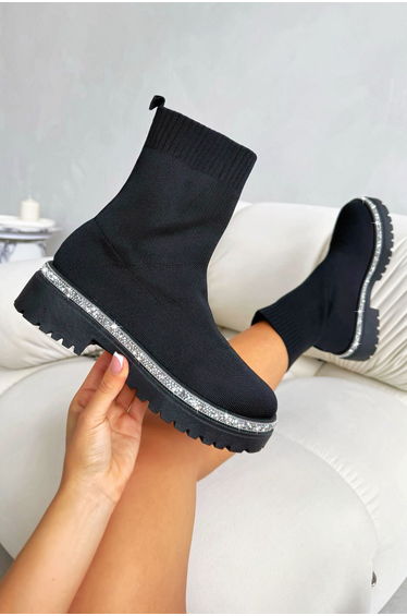 Lemonade Sparkly Stretch Chunky Sock Boots Black