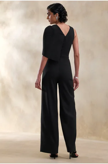 Quinley | Black Asymmetric-Neck Jumpsuit With Cape-Sleeve