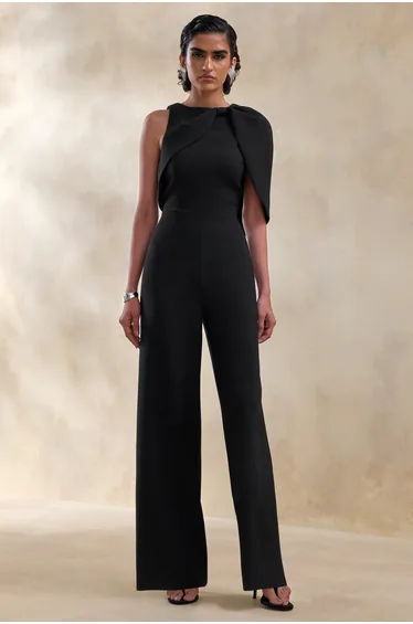 Quinley | Black Asymmetric-Neck Jumpsuit With Cape-Sleeve