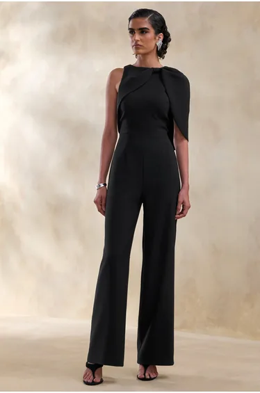 Quinley | Black Asymmetric-Neck Jumpsuit With Cape-Sleeve