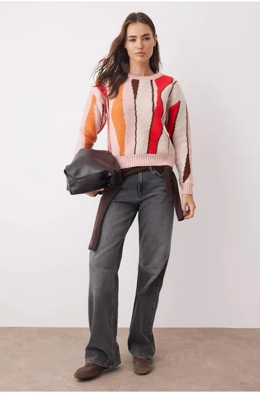 Pink Soft Texture Color Block Knit Sweater