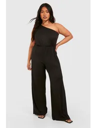 Plus Super Soft Basic One Shoulder Beach Jumpsuit - black
