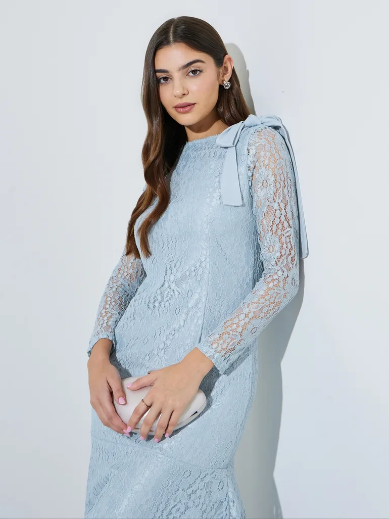 Light Blue Lace Mermaid Hem Maxi Dress - 1