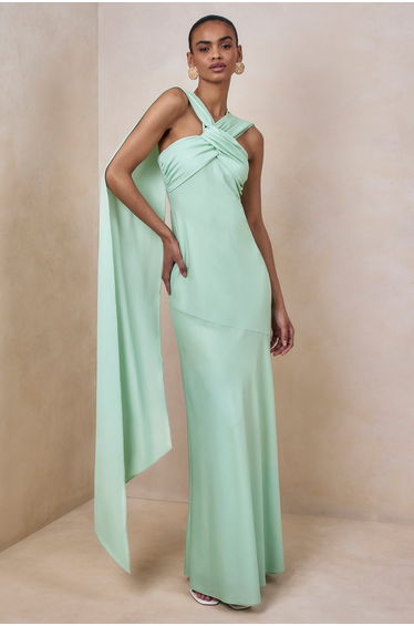 Sloane | Mint Satin Halter-Neck Maxi Dress With Cape