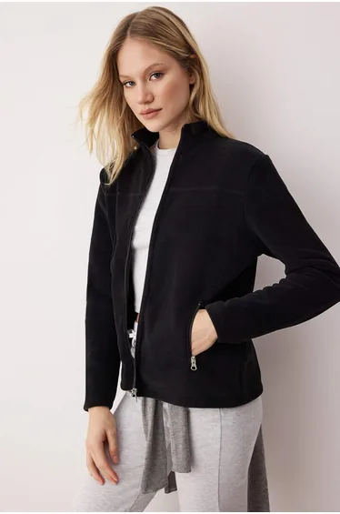 Black Stand Collar Zippered Pocket Knitted Sweatshirt