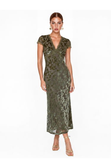 Maya Olive Floral Velvet Devore V Neck Midaxi Dress