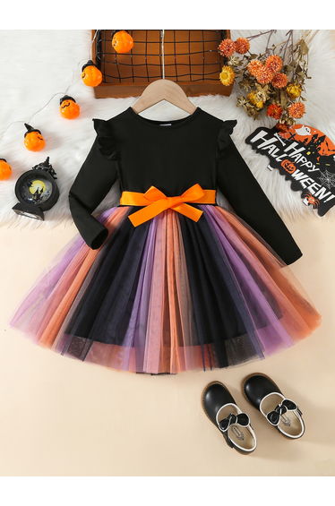 Girls Color Block Round Neck Mesh Hem Dress