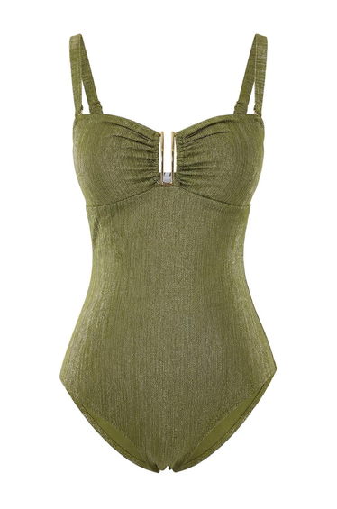 Haki*St Plain Strapless Accessoryed Raşel Shiny Sleeveless Swimsuit