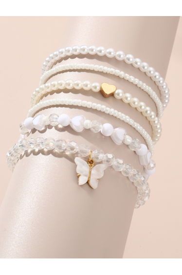 Set of 6 - Butterfly Pendant Faux Pearl Bracelets