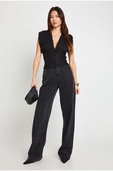 Pleated Chiffon Plunge Top - black