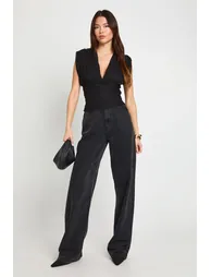 Pleated Chiffon Plunge Top - black