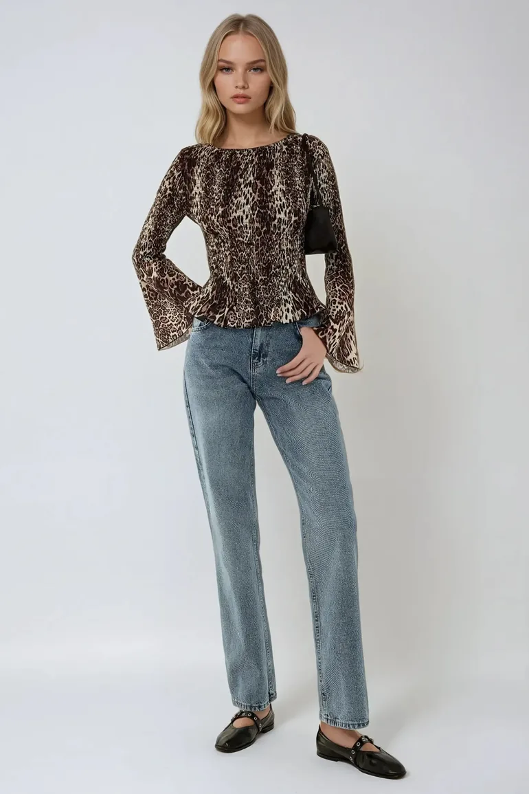 Animal Print Boat Neck Top with Shirred Detail - 1