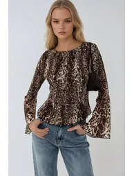 Animal Print Boat Neck Top with Shirred Detail