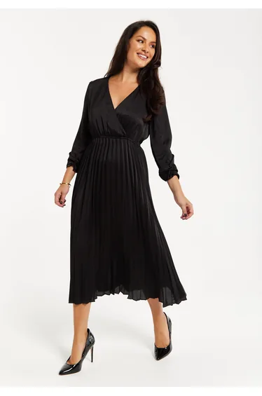 Women's Midi Dress with Pleat Details in Black .