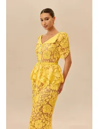 Date Night Beauty Yellow Floral Lace V-neck Midi Dress - 1
