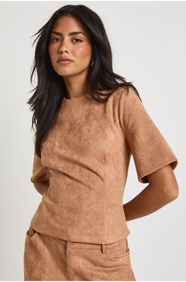 Suede Cinch Waist High Neck Tee - tan