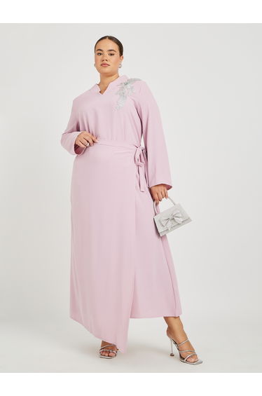 Plus Size Solid Collared Wrap Look Jalabiya with Lace Patch Detail