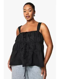 Plus Wide Strap Tie Front Smock Top - black - 1