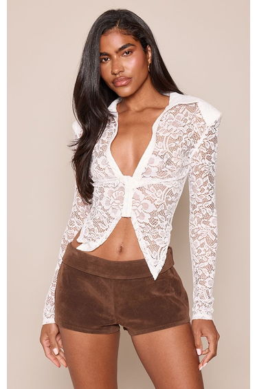 White Sheer Lace Shoulder Pad Long Sleeve Blouse