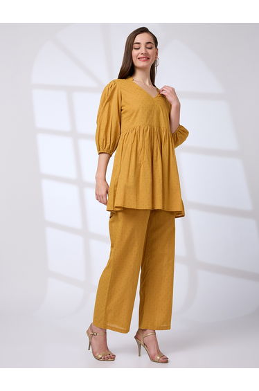 Yellow Lurex Detail Pattern Tunic and Pants Workwear Co-Ords